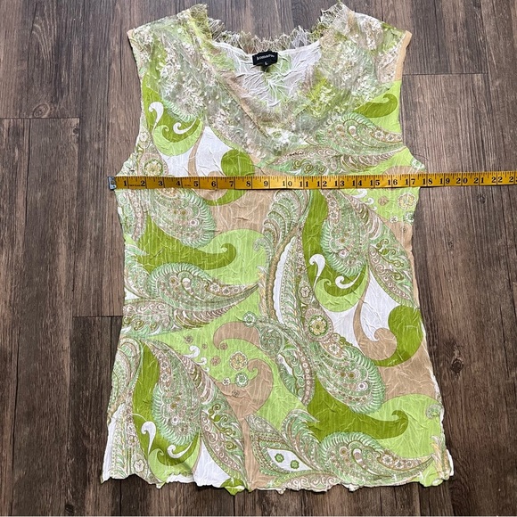 Komarov Vtg Green White Paisley Sleeveless V Neck Women’s Top Stretch Soft L - Picture 10 of 10